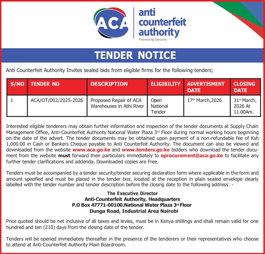 Tender Notice Proposed Repair of ACA Warehouses in Athi River