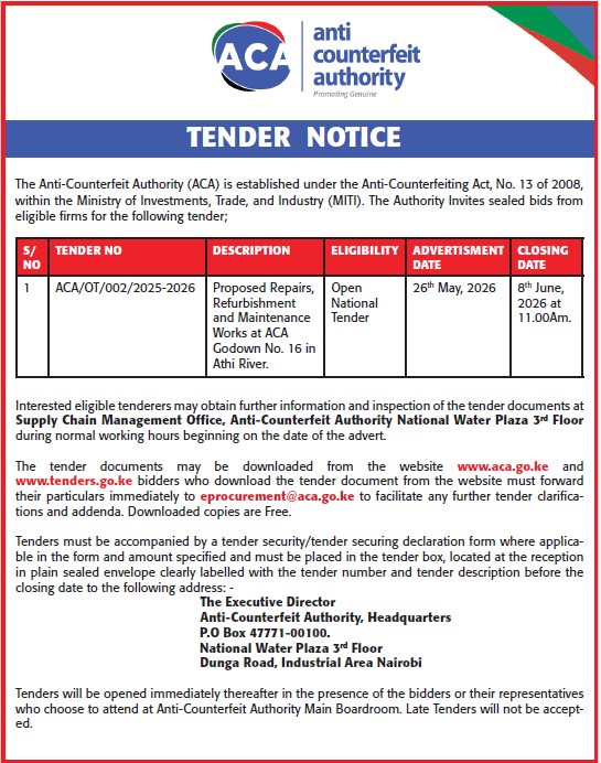 TENDER NOTICE FOR PROPOSED REPAIRS, REFURBISHMENT AND MAINTENANCE WORKS AT ACA GODOWN NO. 16 IN ATHI RIVER.