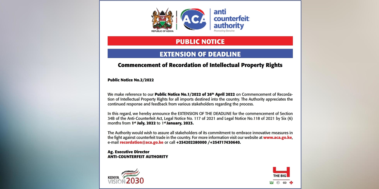 Extension of Deadline: Commencement of Recordation of Intellectual Property Rights in Kenya